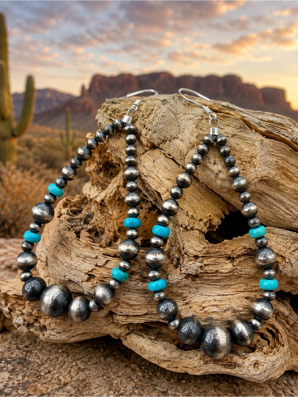 Sterling Silver Navajo Pearl Turquoise 3” Southwestern Dangle Earrings NWT 925